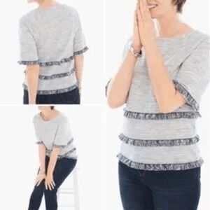 Chico's Faris Fringe Trim‎ Heathered Gray Striped Short Sleeve Top Size L XL
